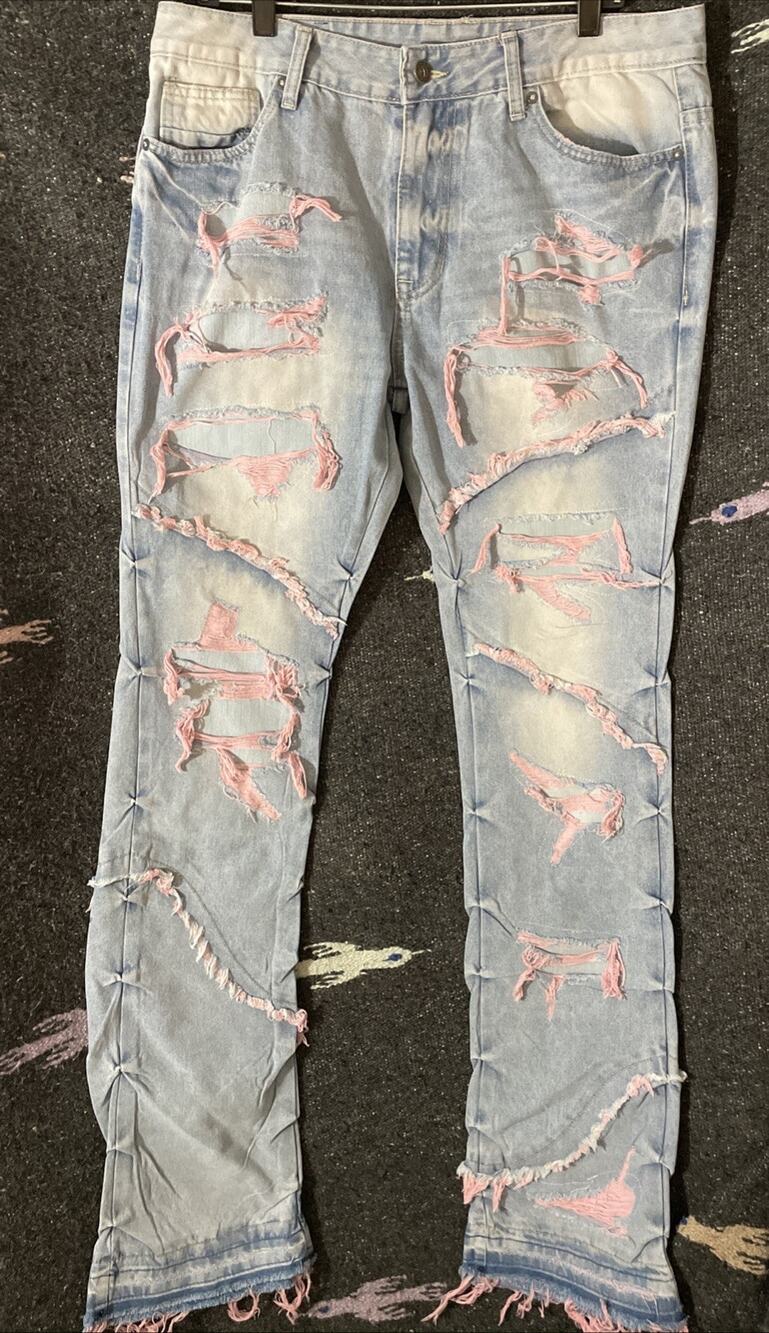 Smoke Rise Men's Light Wash Stacked Flare Bootcut Distressed Graphic Jeans 34x37